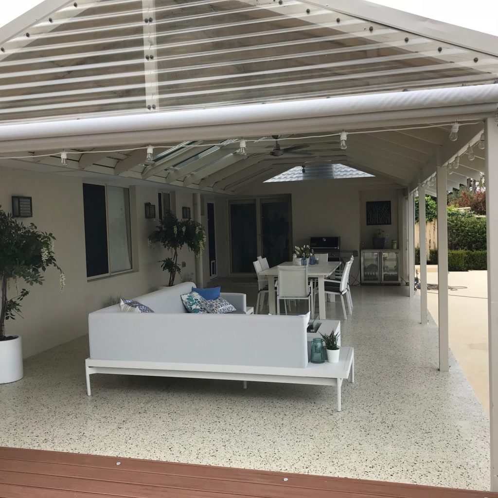 Patio with honed concrete flooring.